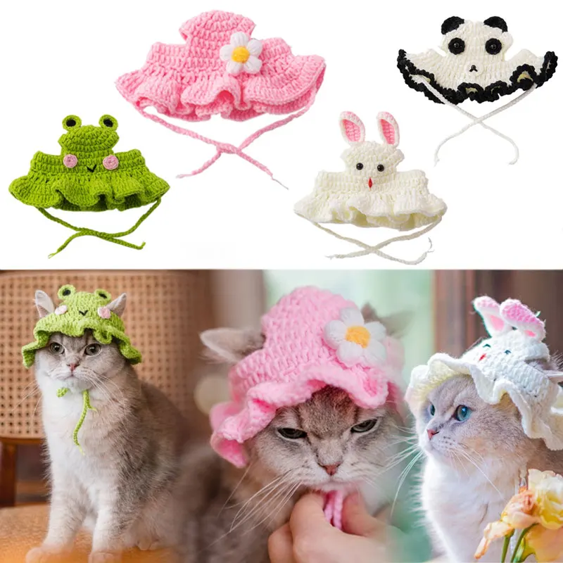 4 Styles Cute Hand-Woven Cats Hats Crochet Rabbit Frog Style Princess Kitten Caps Festival Photography Props for Cat Accessories