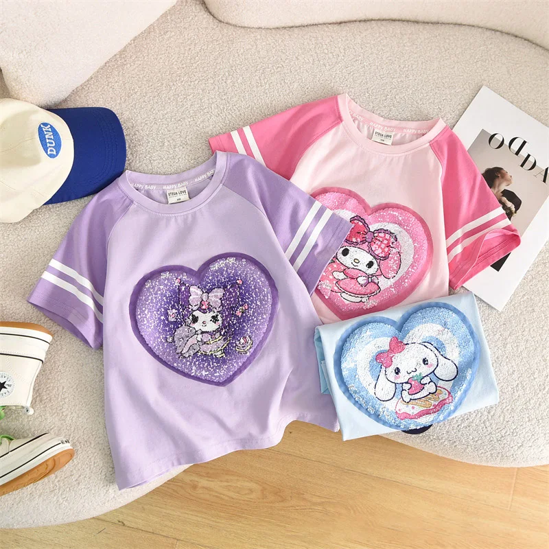 

Cartoon Sanrio Kids Short Sleeved Hello Kitty Mymelody Kuromi Cinnamoroll Cartoon Anime T-Shirt Summer Tops Breathable Girl Gift