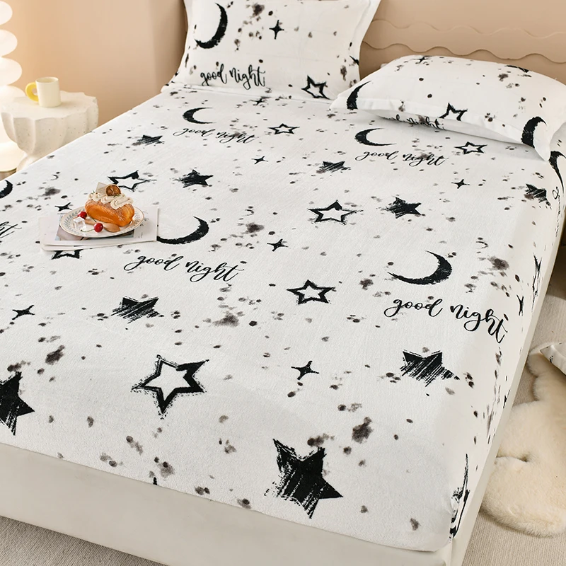 Winter Warm Fitted Sheet Stars Pinted Flannel Fleece Bed Sheet for Double Bed Queen/King Size All-inclusive Mattress Cover180 2