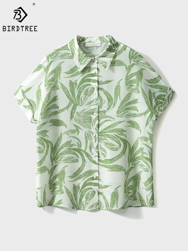 

Birdtree 100%Mulberry Silk Woman Chic Shirts Leaves Painting Polo Neck Designed Beach Shirt New Summer Blouse Tops T38329QM