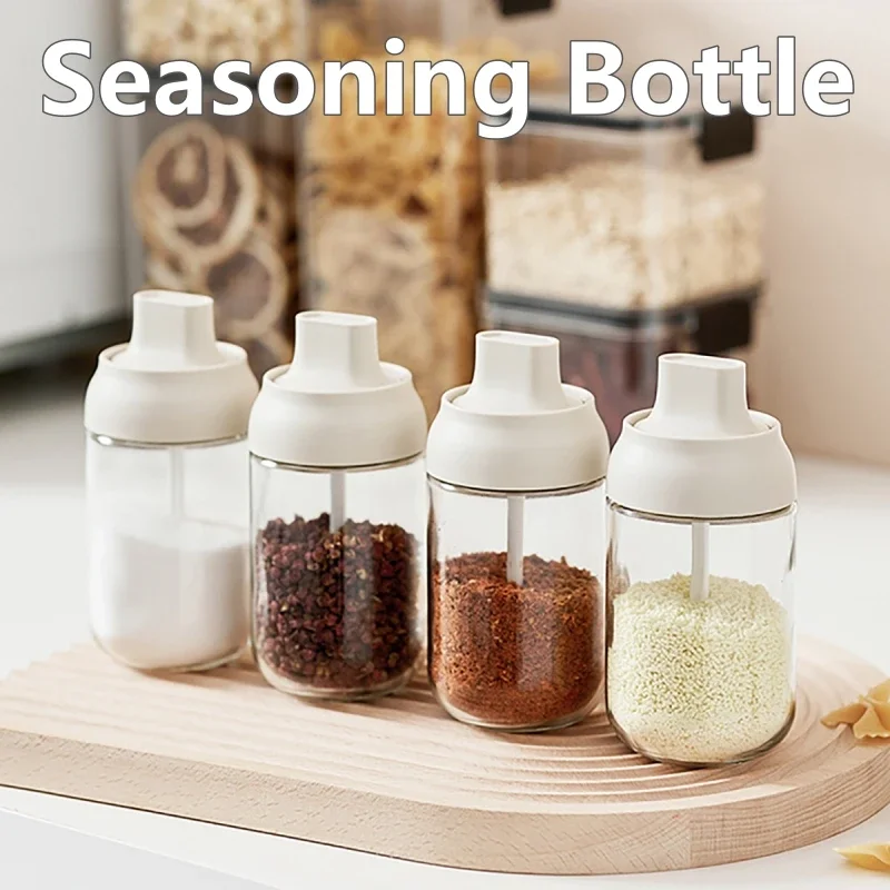 Seasoning Jar 250ML Oil Bottle Moisture-proof with Lid Spoon Pepper Salt Shaker Multi-purpose Combination Glass