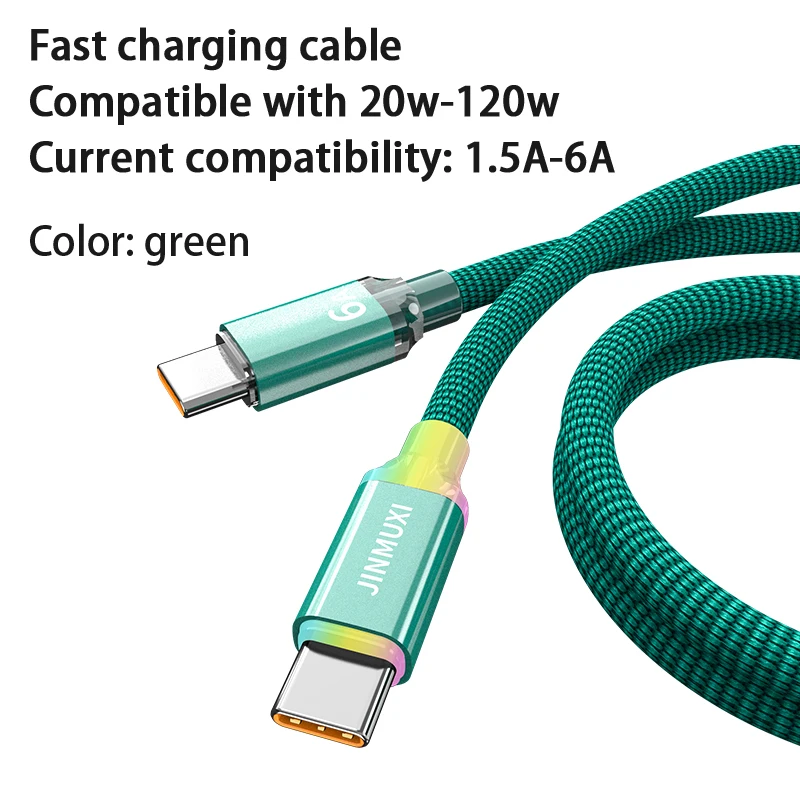JINMUXI 1.5A-6A PD TypeC Data Cable For Xiaomi Fast Charging Cable 20w-120w For Samsung IPhone15 16 OPPO OnePlus Usb C RGB color