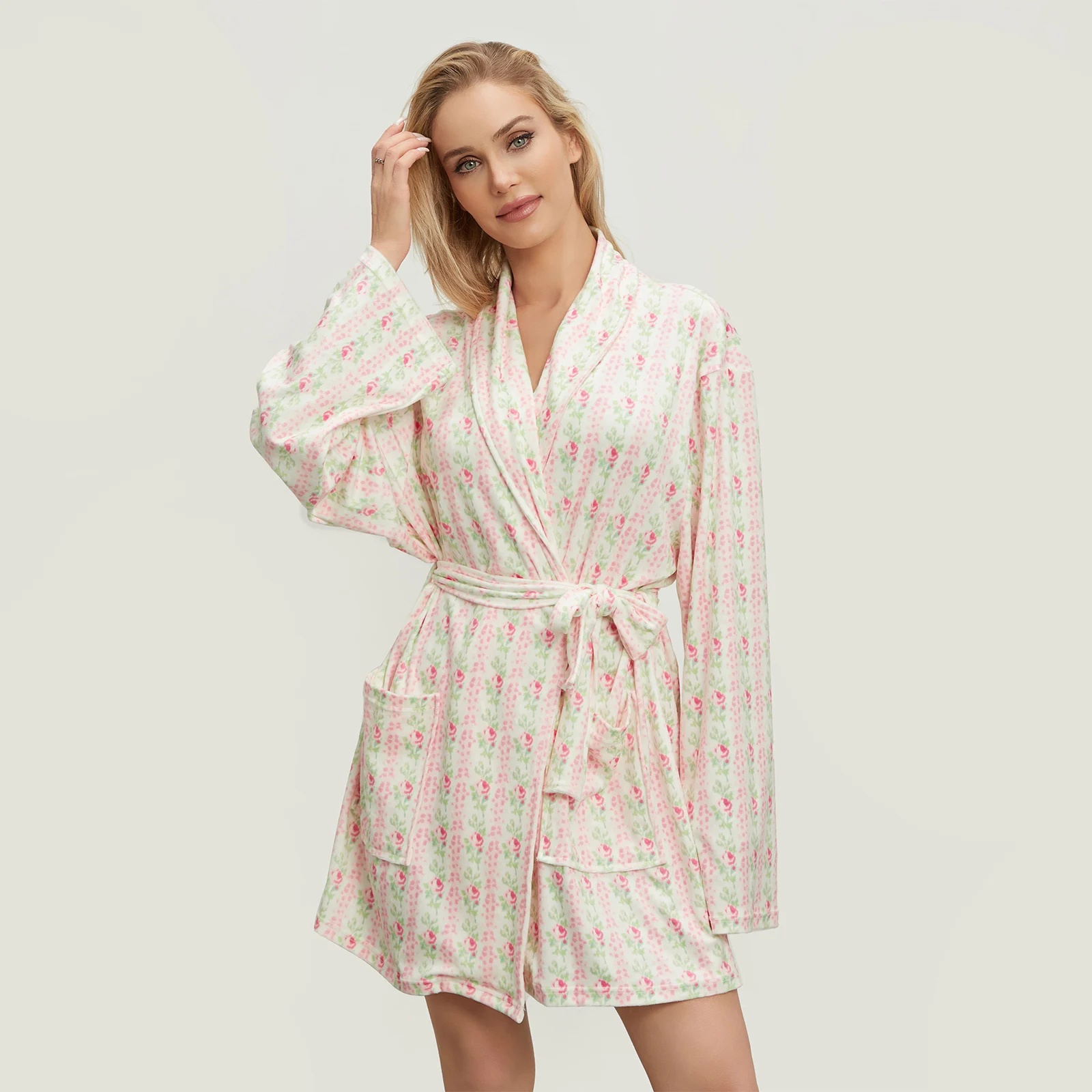 Women's Sleep Robe Spring Autumn Sleepwear Floral Print Long Sleeve Lapel Belted Nightgown with Pockets Bath Robes Loungewear