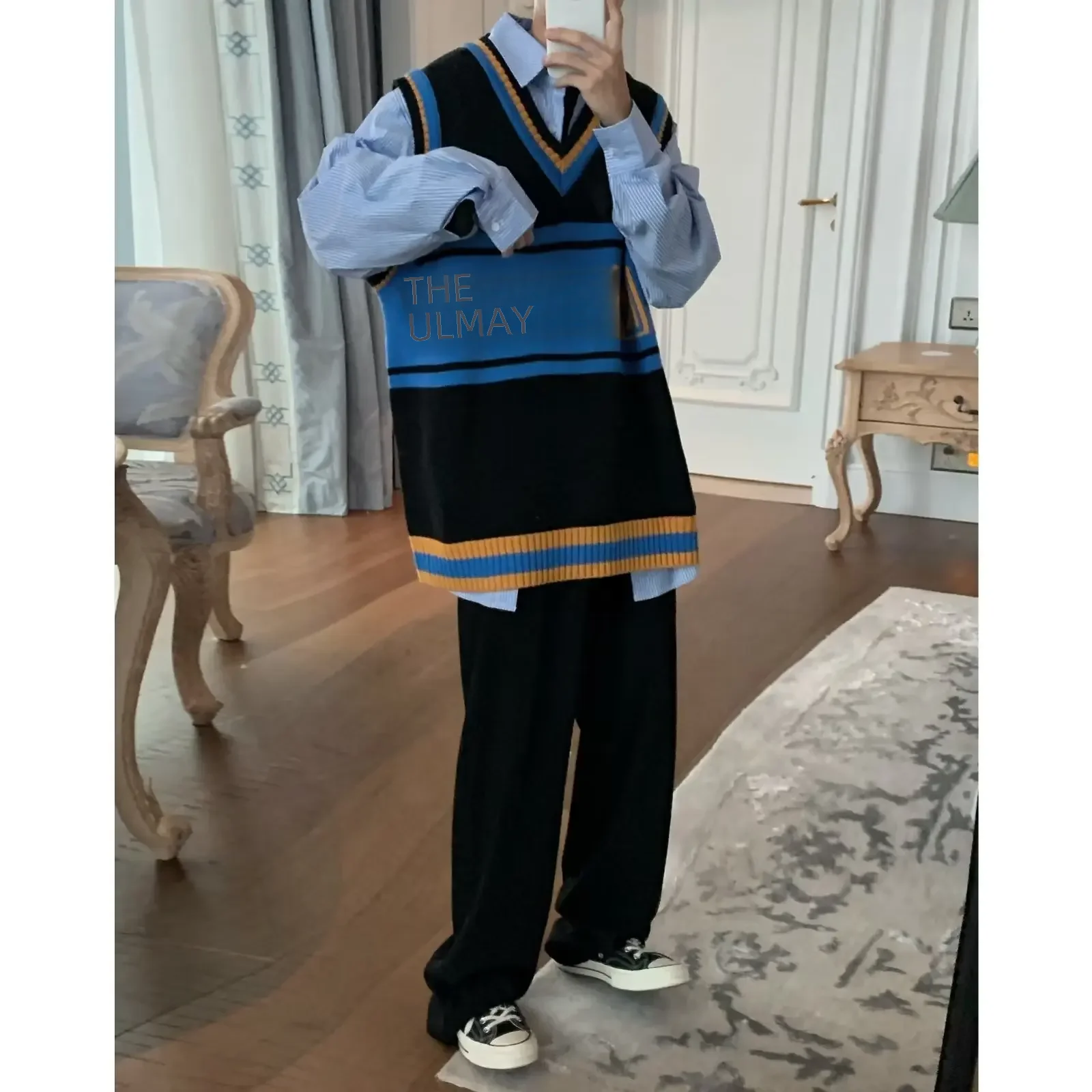 Spring Autumn Fashion V-neck Color Block Backless Sweater Loose Letter Knitted Shirt Cover Head Marque Men Teenagers
