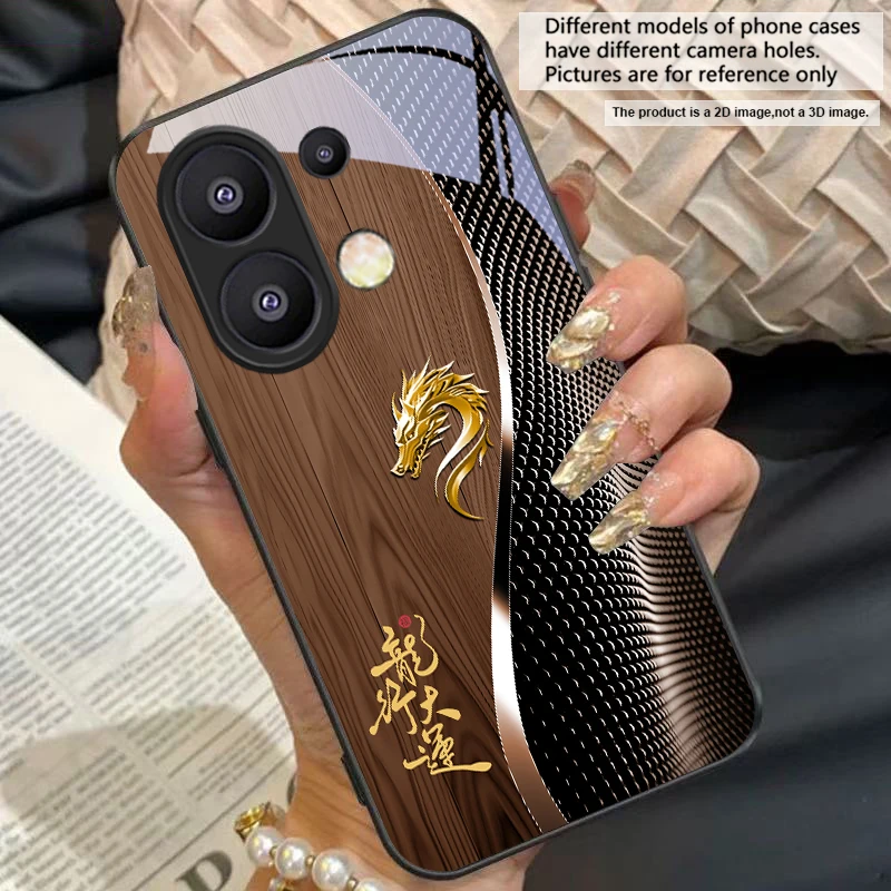 Elegant Black Tempered Glass Phone Case with Traditional Dragon Totem Design