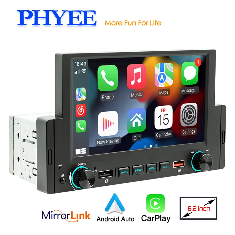 1 Din 6.2 Inch Carplay Car Radio Bluetooth Androidauto Mp5 Player Hand