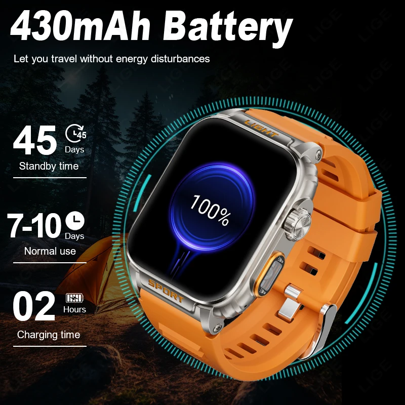 LIGE Fashion 430mAh Big Battary Ultra Smart Watch Men 1.91" IP68 Waterproof Man Watches With LED Powerful Flashlight Smartwatch