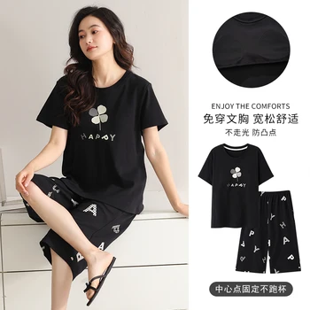 Big Size M-4XL Women Pajamas Set With Chest Pad Summer 100% Cotton Pyjamas Female Short Sleeve Floral Sleepwear