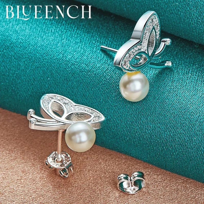 Blueench 925 Sterling Silver Zircon Natural Pearl Stud Earrings  Earrings for Women   Wedding Fashion Charm Jewelry