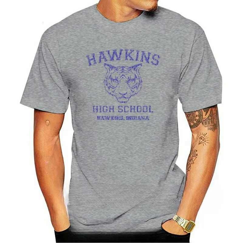 thumbnail image 1 of 539 Camiseta de manga corta para hombre de la escuela secundaria Hawkins, camiseta de cuello redondo, disfraz divertido, camiseta divertida de Stranger Tv Show Things, serigrafía personalizada, 1 of 4
