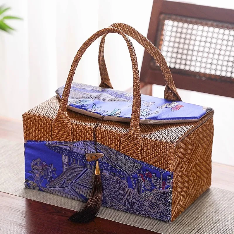 Retro Cloth Storage Bag Rattan Weaving Handbag Cups Sealed Tea Can Gift Box Internally Separated Outdoor Travel Organizer
