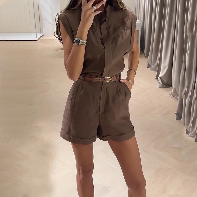 Waytobele Women Jumpsuit Summer Office Trendy Stand Neck Sleeveless Solid Color Romper With Pocket Short Jumpsuit Streetwear
