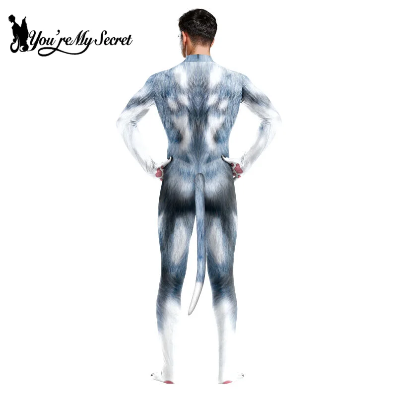 Cosplay costume [You're My Secret] Halloween Furry Cosplay Costume Husky Dog Men's Cosplay Animal Wolf Print Pet Bodysuit Jumpsuit with Tail