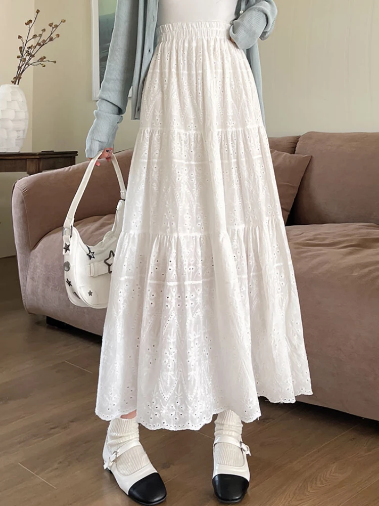 Midi Long Skirts Women Spring Summer Hollow Out Embroidery