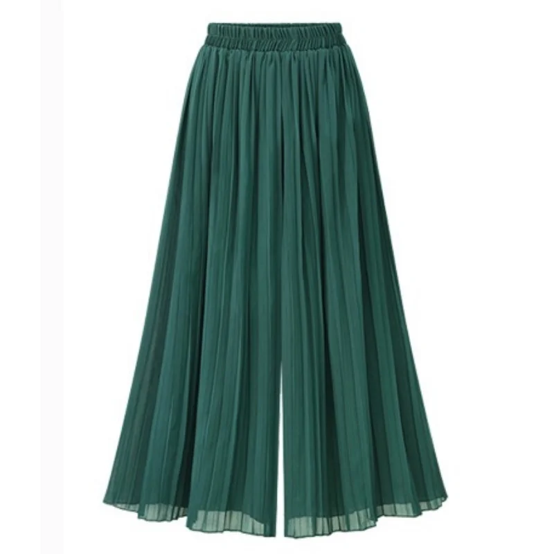 Women's Summer Thin Chiffon Pleated Beach Pantskirt Solid Color Oversized High Waist Loose Casual Wide Leg Cropped Pants