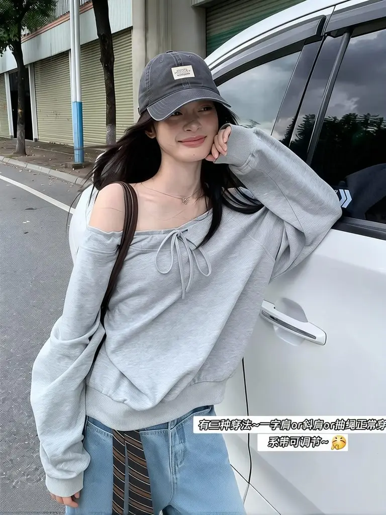 Schulterfreie Langarm-Tops für Damen, Oversize-T-Shirt mit Schnürung, koreanischer beliebter Pullover, Sweatshirt, lässige Sport-Oberbekleidung