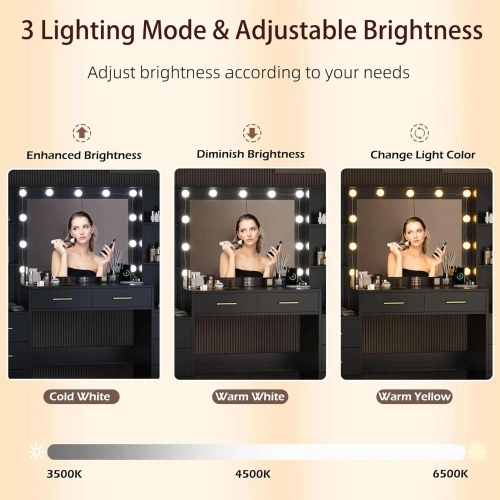 Makeup Vanity Desk with Mirror and Lights, Makeup Vanity with Lights & Charging Station, Dressing Table Vanity Set Table 4
