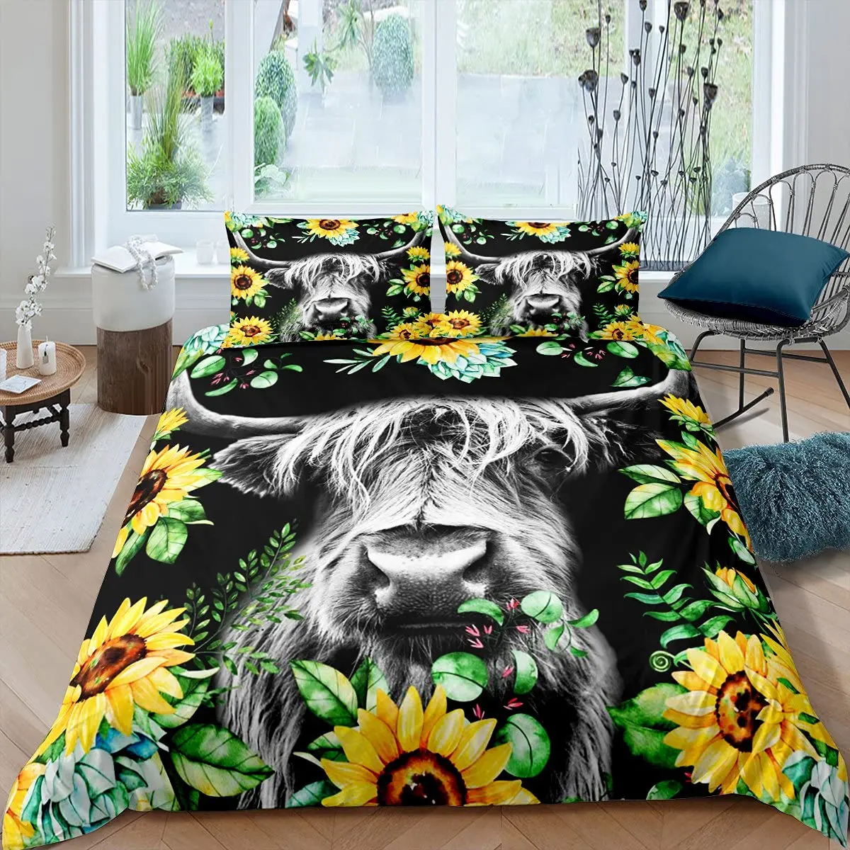 

Highland Cow Duvet Cover King Sunflower Black Cattle Bedding Set Microfiber Farm Animal Cow Western Farmhouse Cattle Quilt Cover