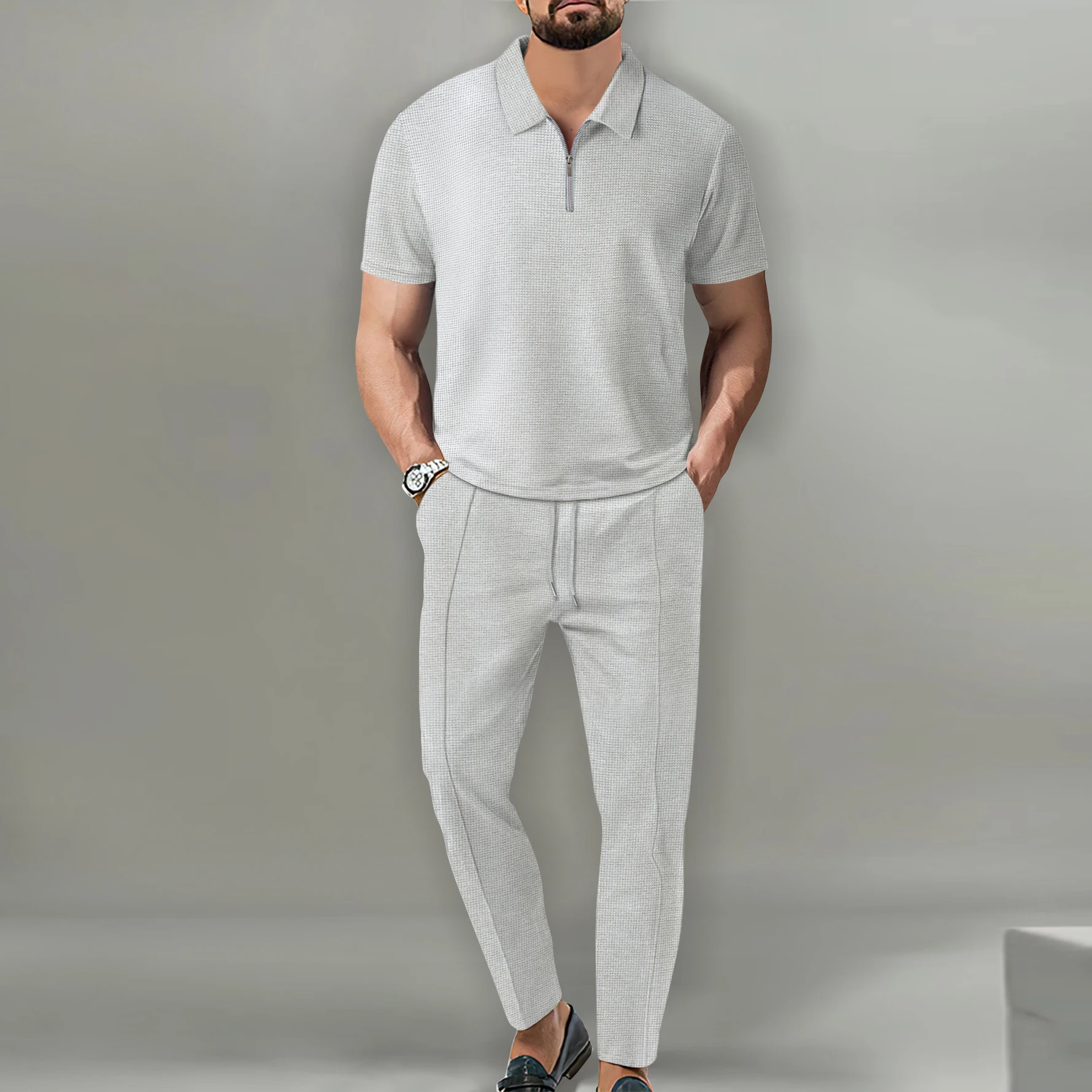 Men's casual Business Waffle fabric short sleeve zipper polo top and drawstring waffle pants suit