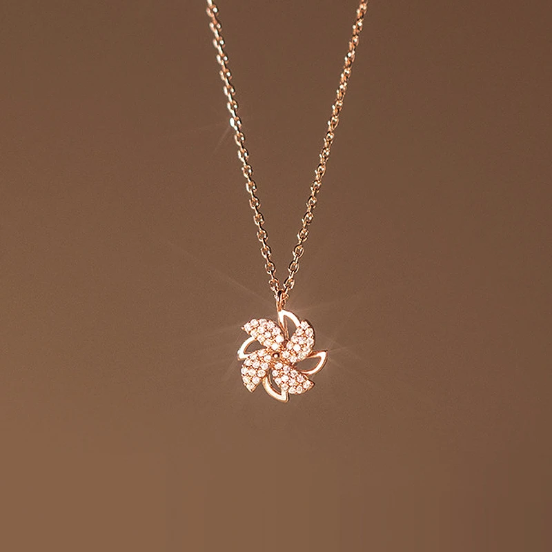 

925 Sterling Silver Rose Gold Rotatable Windmill Necklace Women's Choke Chain Simple Collarbone Chain Flower Necklace