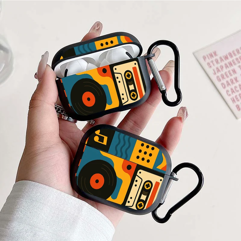 Chic Retro Music Pattern Earbuds Case with Keychain - TPU Protective Cover