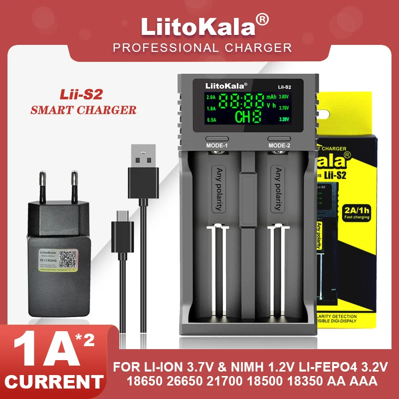 Liitokala 리튬 충전식 배터리 충전기, 1.2V, 3.8V, 3.7V, 3.2V, 18650 18350 18500, 21700 26650, 16340 26700, AA, NiMH, Lii-S2