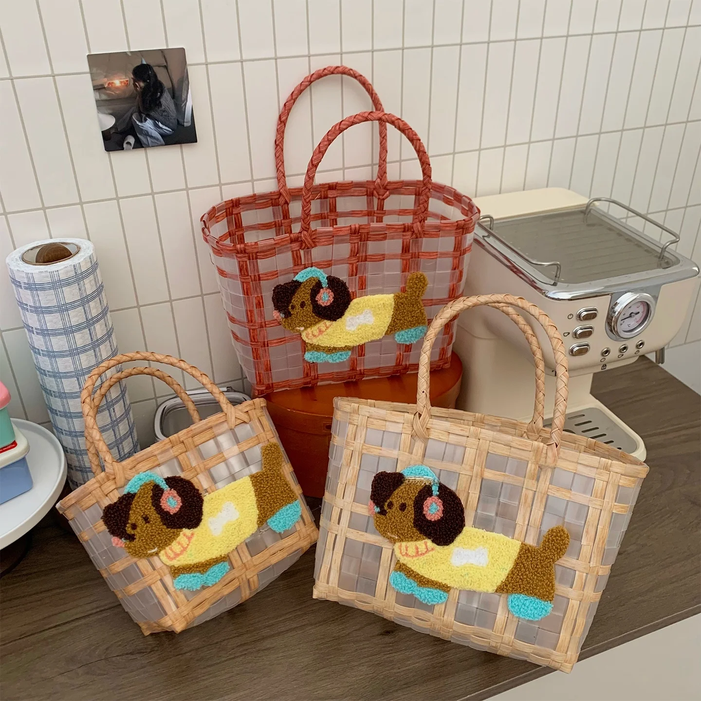 귀여운 작은 개 손으로 짠 가방 여성 핸드백 쇼핑 통근 도시락 가방 사무용품 보관 주최자