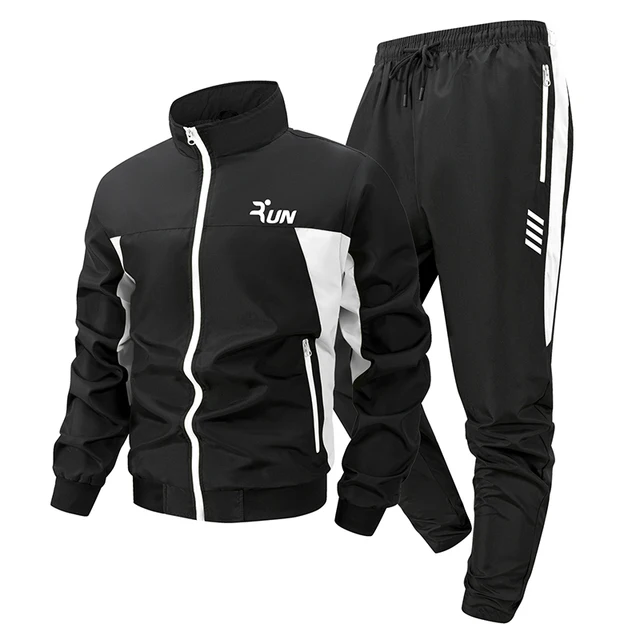 Ensemble de survêtement colorblock imprimé Run Letter pour homme – Veste de sport athlétique et pantalon avec poches zippées 1