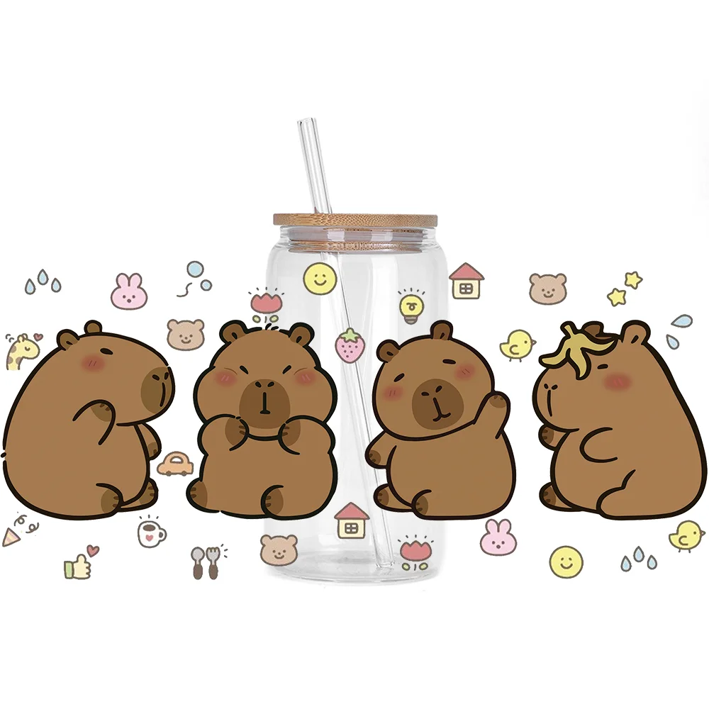Cute capybara series Easy peel waterproof DIY Decals 3D transfers uvdtf crystal stickers 16oz uv dtf cup wraps for Glasses
