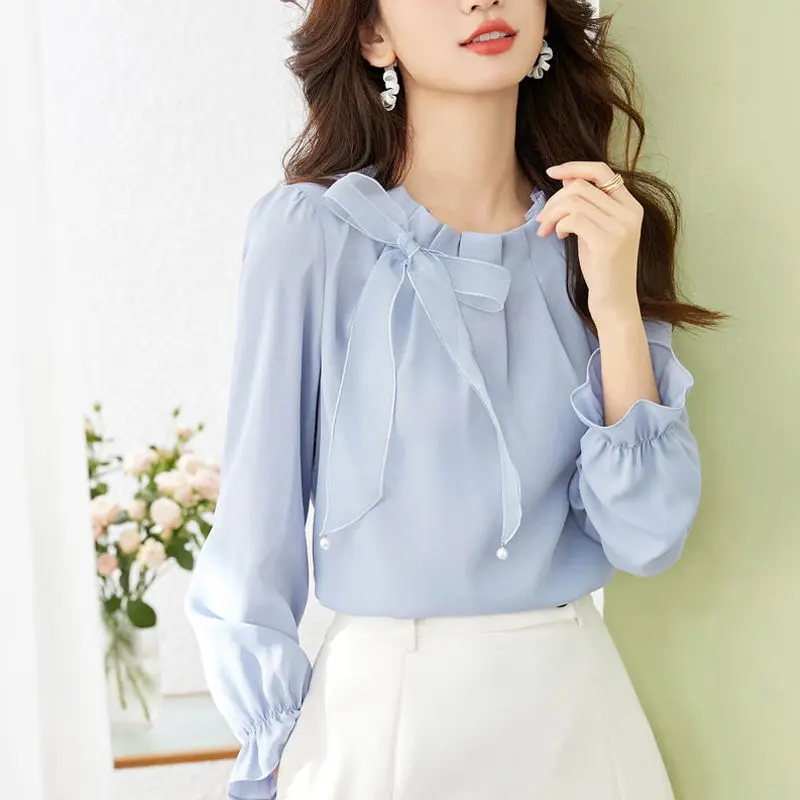 Fashion Bow Drawstring Commute Blouse Female Clothing Elegant Round Neck Folds Spring Autumn Solid Color Basic Long Sleeve Shirt chiffon women s blouse o neck girl s shirt casual long sleeve top spring autumn fashion clothing solid lady blusas houthion