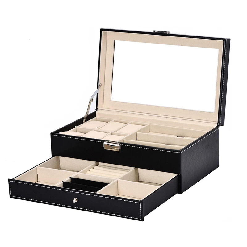 

Double Layer 6 + 3 Grid Watch Glass Holder Pu Leather Watch Box Ring Bracelet Storage Jewelry Display