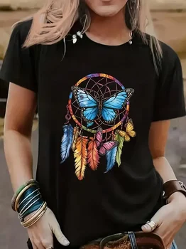 90s T Shirt Butterfly Graphic Print T-shirt Short Sleeve Crew Neck Casual Top for Summer Spring Women's Clothing Top Tee 1