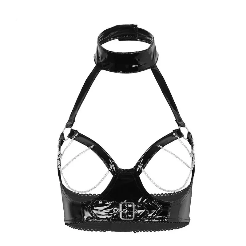 

Sexy Lingerie Women Glossy PVC Leather Bra Breast Exposing Metal Chain Tassels Caged Vest Crop Top No Peculiar Smell S-3XL