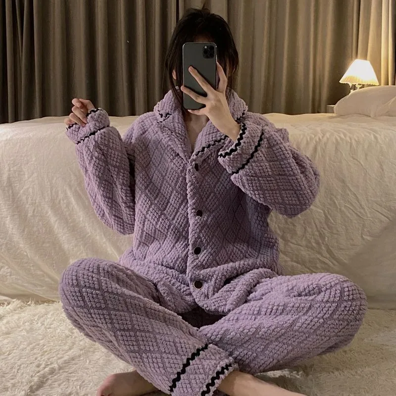 2024 New Korean Version Pajamas Women's Winter Coral Velvet Sleepwear Thickened Plush Warm Loungewear Flannel Homewear Set