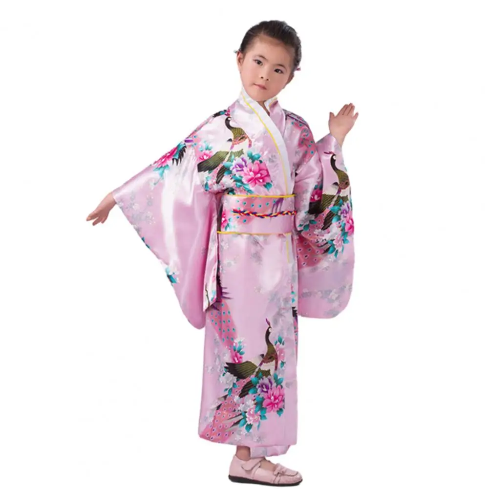 Elegant Japanese Girls Traditional Kimono Pajama Vibrant Colors Floral Peacock Print Japan Kimono