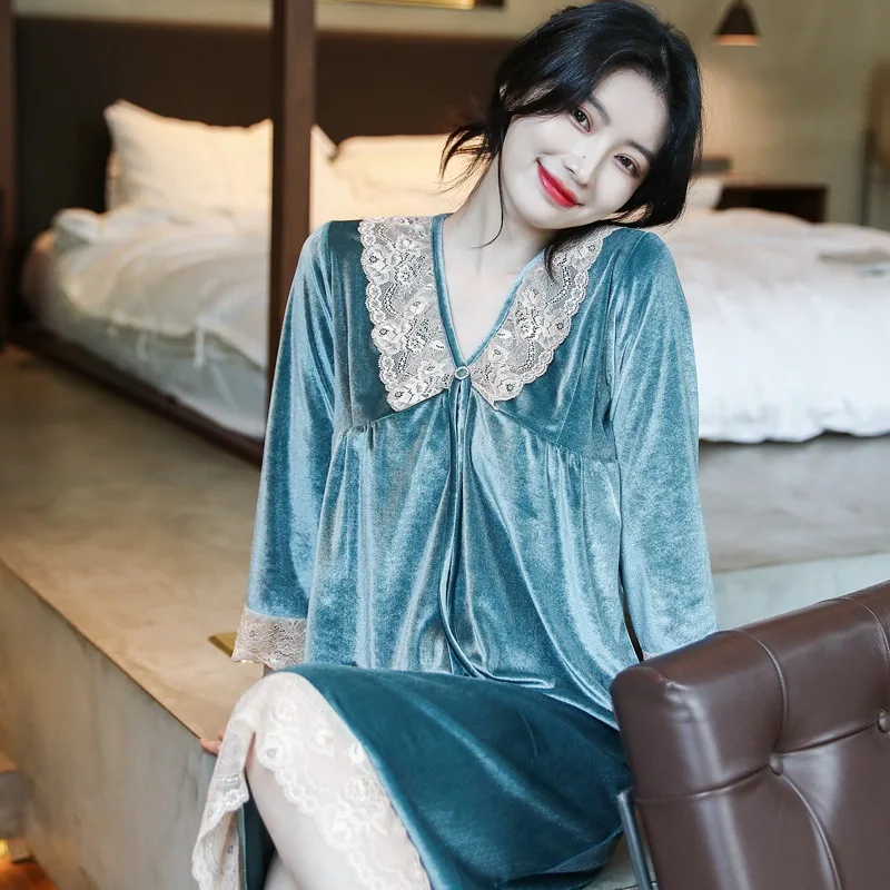 

Fdfklak Sweet Lace Sexy V Neck Night Dress Women Long Sleeve Velvet Nightwear Large Size Nightgowns Female Sleepwear Vestidos