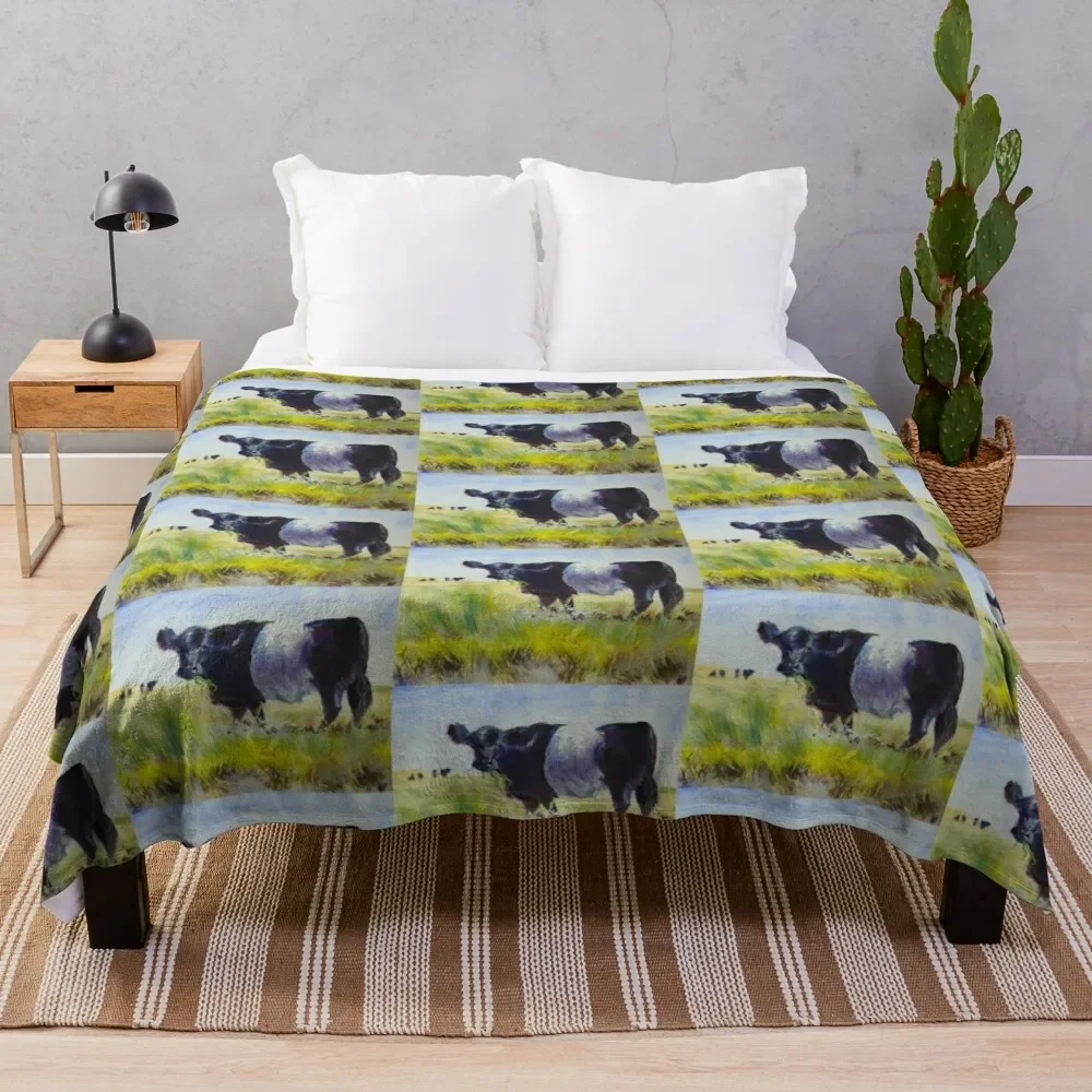 

Belted Galloway Cow Painting Throw Blanket Picnic bed plaid Custom Flannel Blankets