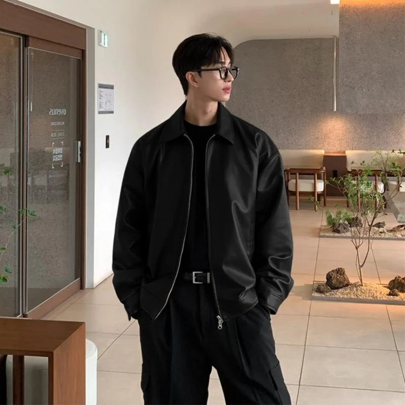 한국어 스타일 하이 엔드 느낌 솔리드 컬러 가죽 자켓 남성용 봄 가을 세련된 다목적 옷깃 작업복 지퍼 파이 자켓