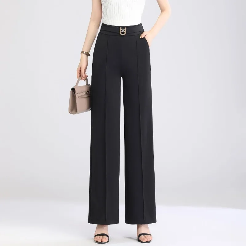 Women's Spring and Autumn New Fashion Elegant Solid Diamonds Pocket Elastic Casual High Waist Loose Wide Leg Straight Leg Pants