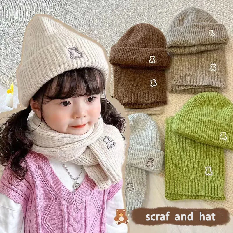 

Kids' Hat And Scarf Sets Winter Autumn Double-sided Beanie Thick Elastic Children Solid Knitted Bear Unisex Keep Warm Boys Girls