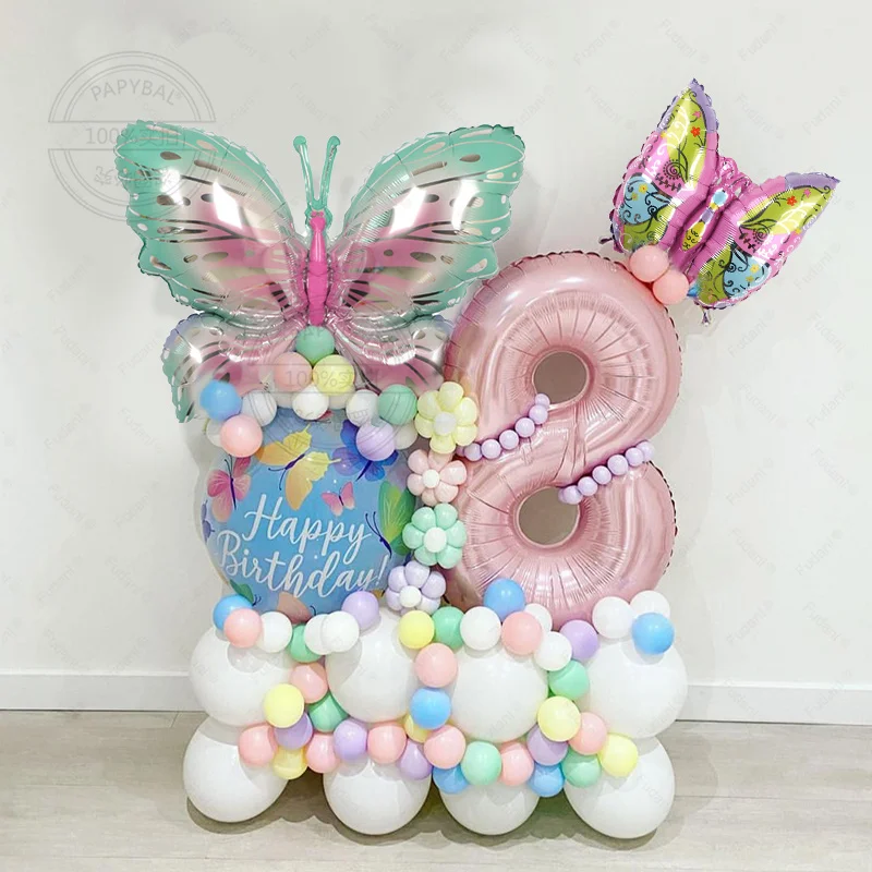 

84Pcs Butterfly Themed Macaron Latex Balloon Set with 32Inch Rose Gold Number Foil Ball 1-9Th Children Birthday Party Favors