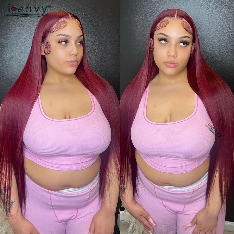 버건디 13X6 HD 레이스 프론탈 인모 가발 스트레이트 가발 13X4 레이스 프론트 가발 여성용 99J 레드 컬러 13X6 레이스 프론트 가발