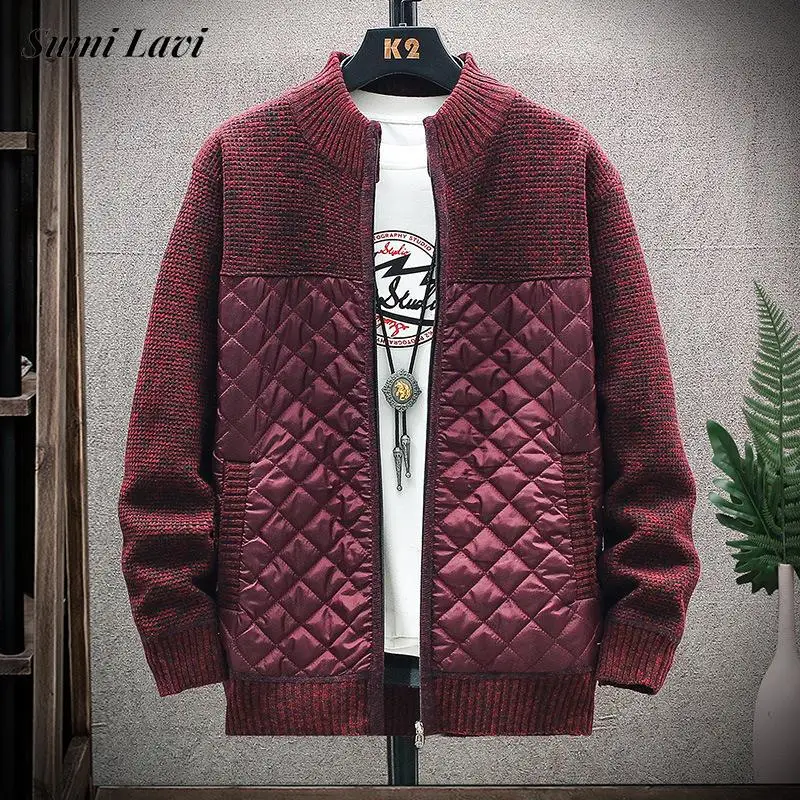 

Vintage Patchwork Sweatercoat Mens Knitted Long Sleeve Stand Collar Zip-up Cardigan Men Knitwear Autumn Winter Warm Knit Jackets