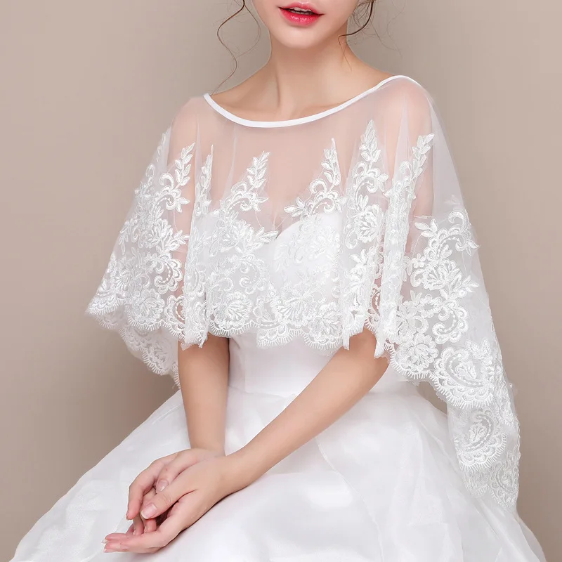 

Wedding Cape Mariage White Bridal Lace Shawl Appliqued Sequins Bolero Women Shrug For Wedding Jacket Wrap Wedding Accessories