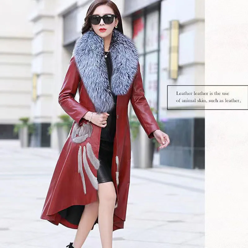

2023 New Women's PU Leather Jacket For Autumn Winter Slim Big Fur Collar Long Leather Coat Female Outerwear