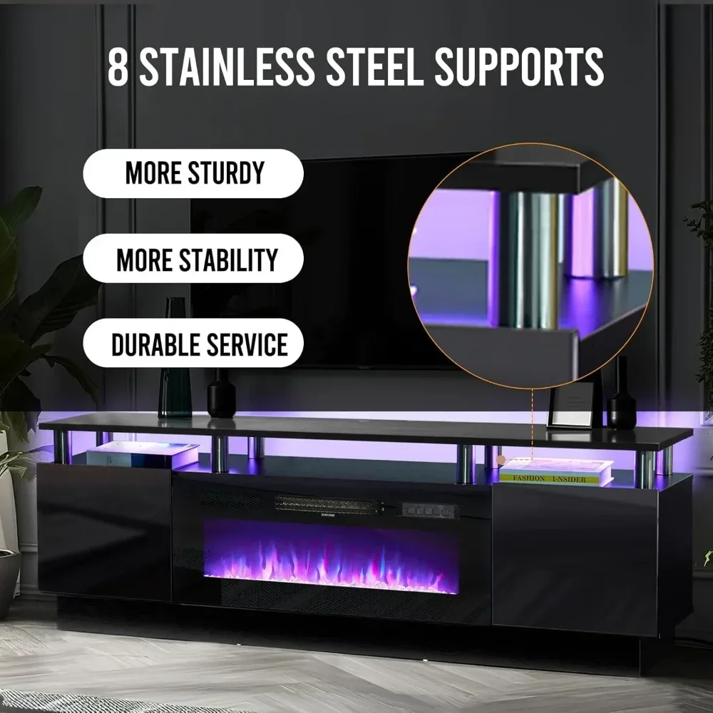 70" Fireplace TV Stand, with Electronic Flame and LED Lights, Luxury High Gloss Finish Entertainment Center, TV Console Cabinet 3