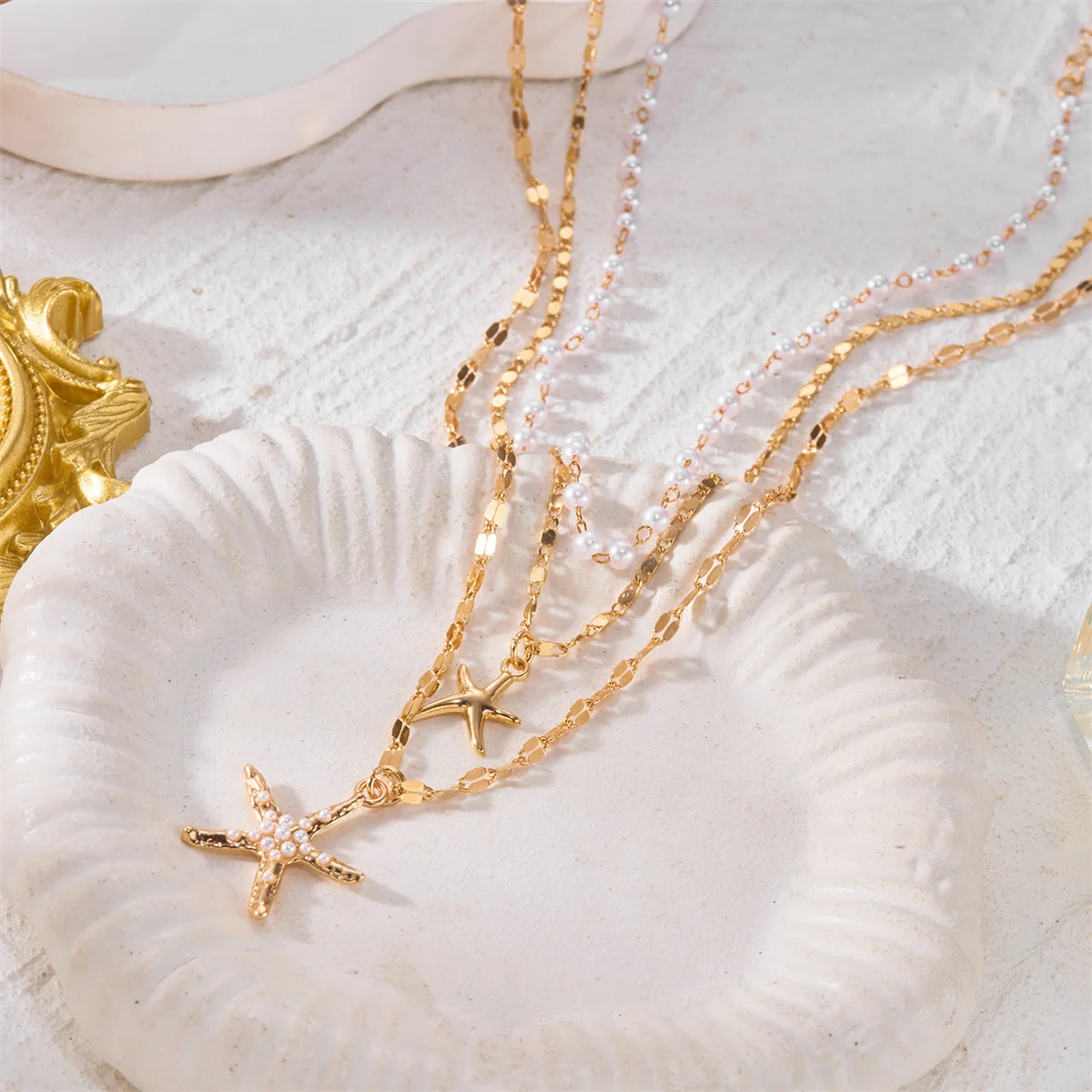 Exquisite Imitationsperlen-Seestern-Stapelkette für Damen, Böhmischer Ozean-Elemente-Charm-Choker, Sommer-Strandparty-Schmuck – Detail 5