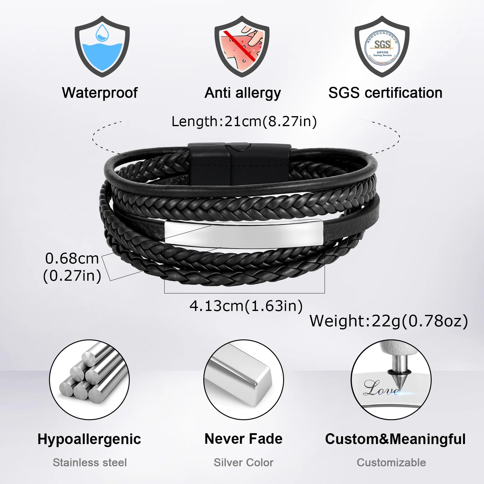 Free Custom Men's Chunky Leather Bracelet,Stainless Steel Long Bar Charm Wristband,Personalized Jewelry Gift