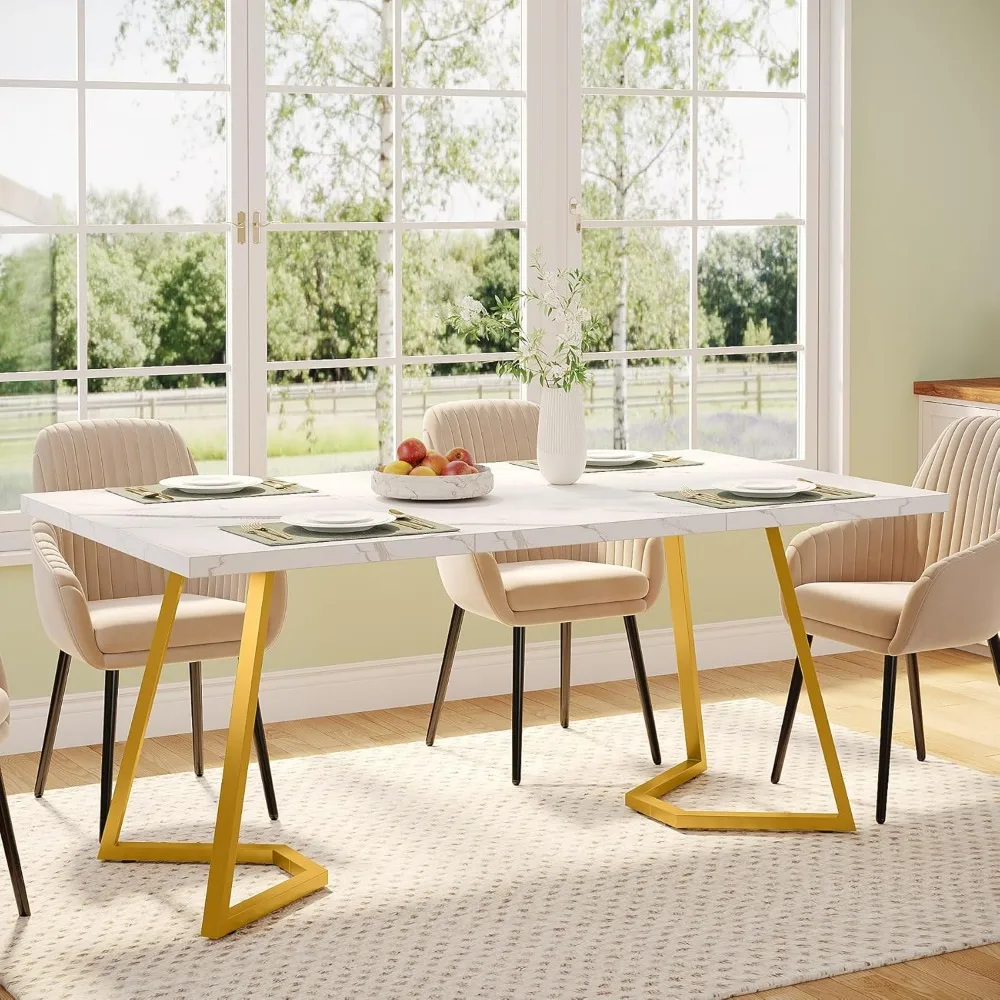 Gold Dining Dinner Table: 55 Inches Modern White Dining Room Table with Golden Legs, Faux Marble Small Kitchen Table 4