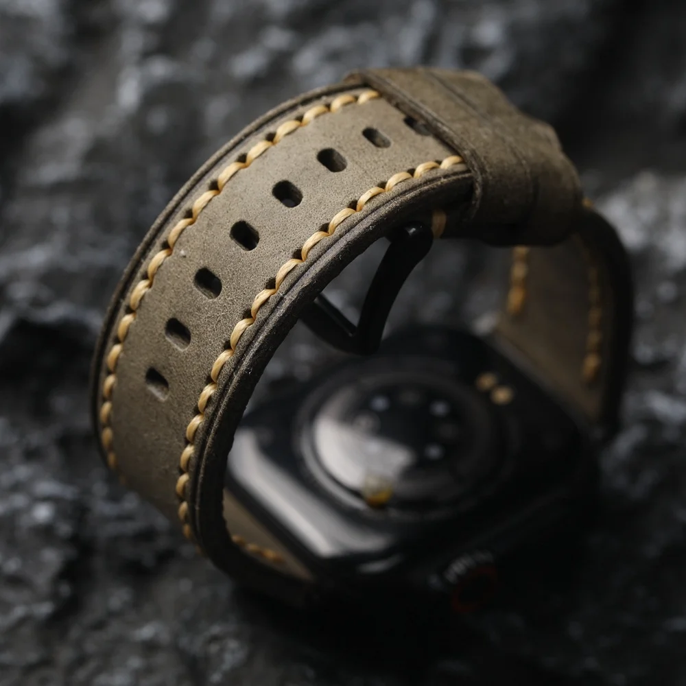 수제 상단 레이어 소가죽 어댑터 위치 접이식 애플 울트라 49mm 45mm 남성용 시계 밴드, 샌드위치 없음